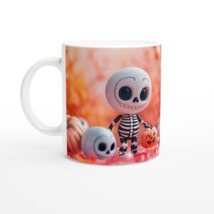 Spooky Cute Skeleton & Pumpkin Pal 11oz Ceramic Mug - Whimsical Halloween Fun