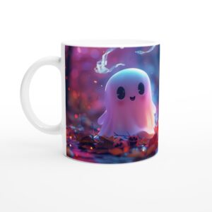 Spooky-Cute Halloween Glow Mug: Adorable Ghost & Pumpkin Design on White 11oz Ceramic Mug