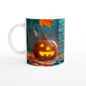 Spooky Knight Pumpkin Adventure 11oz Ceramic Mug - Whimsical Halloween Fantasy Coffee Cup