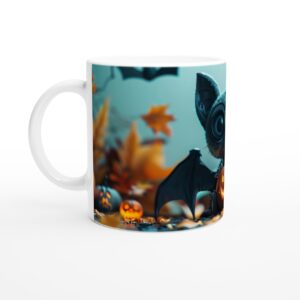 Spooky Cute Bat with Pumpkin 11oz Ceramic Mug - Adorable Halloween Beverage Cup