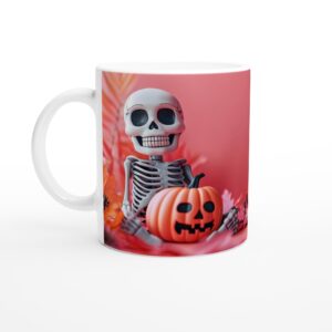 Spooky-Cute Skeleton & Jack-o'-Lantern 11oz Ceramic Mug - Perfect for Halloween Fun!