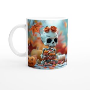 Charming Fall Skeleton & Pumpkin Mug - Festive Autumn Beverage Ceramic 11oz Cup