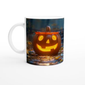Spooky Fun Halloween Friends Mug - White 11oz Ceramic Mug featuring Jack-o'-lantern & Ghost