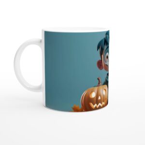 Spooky Cute Frankenstein Kid with Pumpkin 11oz Ceramic Mug
