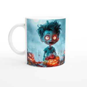 Spooky Cute Zombie Kid Halloween Mug - Glowing Jack-o'-Lanterns & Teal Mist 11oz Ceramic Mug