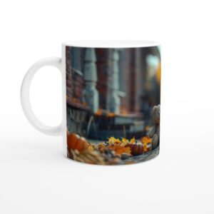 Autumn Whimsy White 11oz Ceramic Mug - Spooky Cute Teddy & Mummy Bear Design